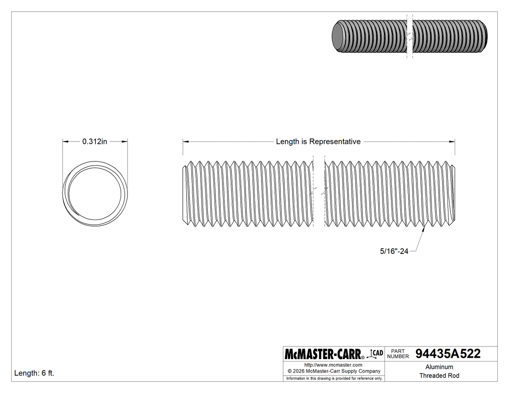 Technical Drawing of Aluminum Threaded Rod, 5/16"-24 Thread Size, 6 Feet Long.